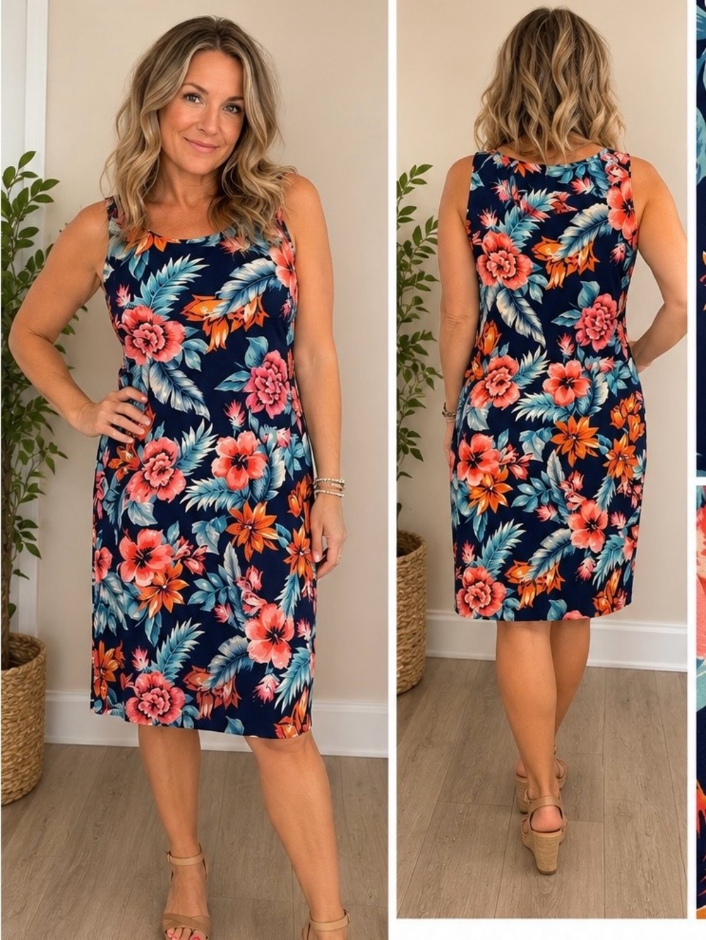 Jessica Floral Midi Dress NWT | Size 14 | Tropical Print | Navy Pink | Sleeveles